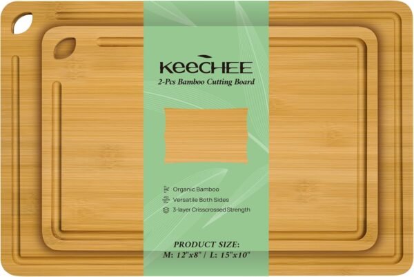 Bamboo Cutting Board, Durable Wood Cutting Boards for Kitchen with Deep Juice Grooves & Built-in Handles (L+M Natural)