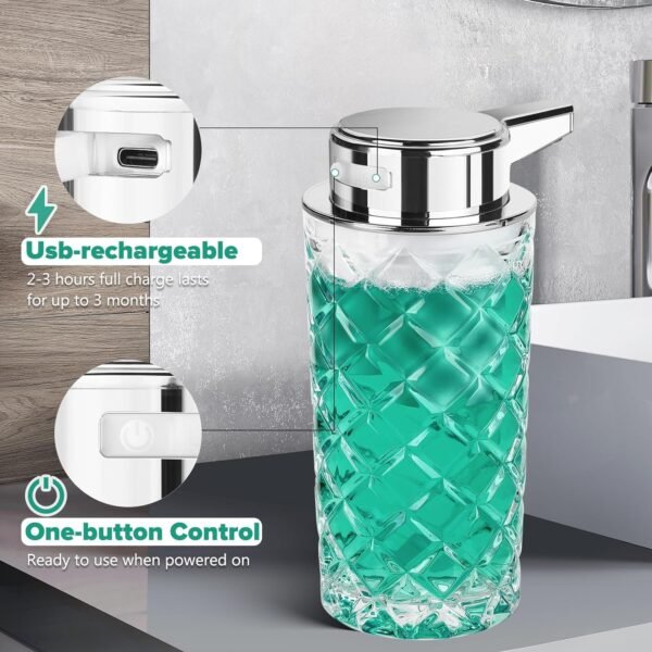 Automatic Liquid Soap Dispenser Touchless Auto Glass Clear Diamond Design Hand Lotion Soap Dispenser with Pump Electric Hands Free Modern Dish Soap Dispenser Rechargeable for Kitchen Bathroom - Image 6