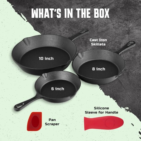 Cast Iron Skillet 3-Piece Set - Professional Pre-Seasoned Heavy-Duty Pan Cookware - 10 Inch, 8 Inch, 6 Inch Pans with Scraper & Handle Sleeve for Frying, Sautéing, Cooking, Baking - Image 2