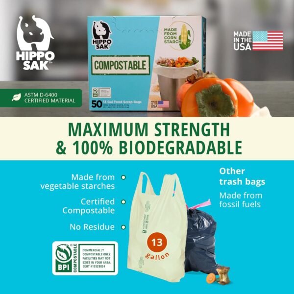 Hippo Sak - 13 Gallon Tall Kitchen Compostable Bags with Ergonomic Handles - Reinforced Bottom and Leak Proof Bags (45 Count) - Image 2