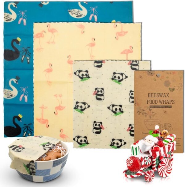 Reusable Beeswax Wrap S, M, L. Pack of 3 Beeswax Food Wraps with Animal Print. Washable Reusable Beeswax Food Wrap for Sandwiches, Dough Covering. Organic Beeswax Wraps for Food Reusable