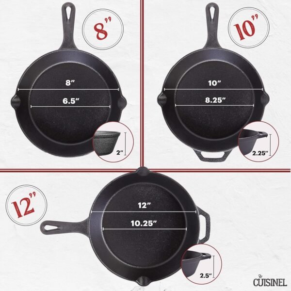 Cuisinel Cast Iron Skillets Set + Glass Lids - 8"+10"+12"-Inch Frying Pans + Silicone Handle Holder Covers - Pre-Seasoned Oven Cookware - Use Indoor/Outdoor, Grill, Stovetop, Camping Fire, Oven - Image 4
