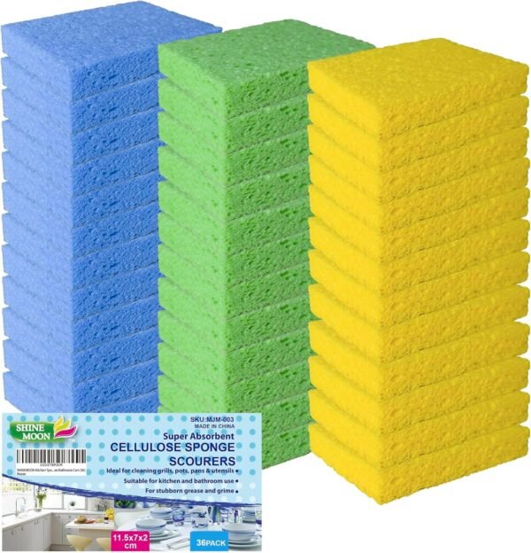 36 Pk Pop-Up Compressed Cellulose Sponges, Heavy Duty Scrub Kitchen Sponge, Clean Tough Messes Without Scratching Eco Friendly Reusable Compostable&Biodegradable 11.5x7x2cm