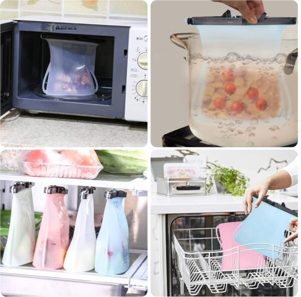 Reusable Leakproof Silicone Stand-Up Food Storage Bags 6 Cups (50 Oz) Microwavable Freezer and Dishwasher Safe Odorless Silicone Food Bags Easy Clean and Dry Ziplock Alternatives (Random Color) - Image 5