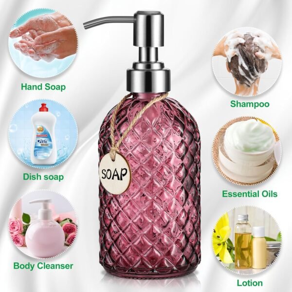 16 OZ Clear Soap Dispenser with 304 Rustproof Stainless Steel Pump Bathroom Kitchen,Soap Dispenser,Refillable Liquid Glass Soap Dispenser for Hand Soap, Dish Soap, Lotion(Purple) - Image 4