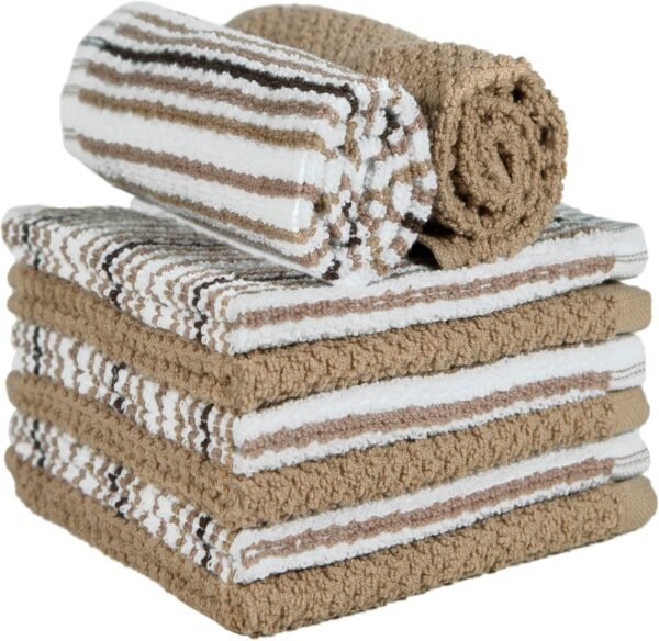 Bumble Premium Dish Cloths Towel 12"x12" | 100% Natural Ring Spun Cotton Tea Towel Set | 430 GSM | Highly Absorbent & Soft Dish Towels | 8 Pack - 4 Popcorn Striped & 4 Solid Kitchen Towels - Tan - Image 4