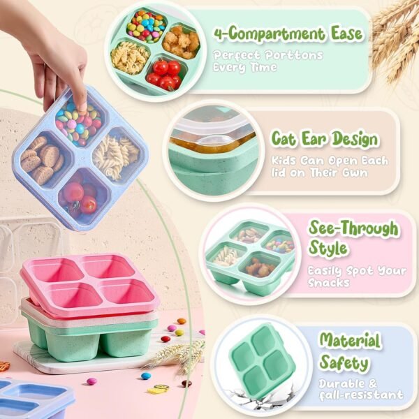 Bento Snack Boxes 4 Pack, Reusable Bento Boxes Kids Adults with 4 Compartments & Fork, Lunch Snack Containers, Wheat Straw Meal Prep Lunch Box, Divided Food Storage Containers for School Work Travel - Image 5