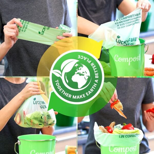 Lucky Family Green Compost Bags for Kitchen Countertop Bin -1.3 gallon trash bags to 1.6 Gallon trash bags - 100% Compostable Trash Bags for Food Waste, Organic Biodegradable Trash Bags - 50 Bags Roll - Image 6