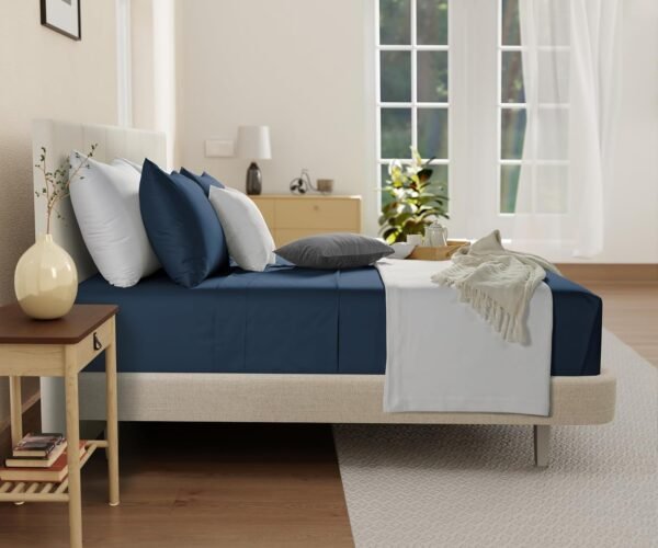 Organic Cotton Sheets Queen Size Set, 100% Organic Cotton Queen Sized Sheets, 300 TC Sateen Weave Bedsheets Queen Size Bed, 16" Deep Pocket, Soft Breathable Sheet & Pillowcase Sets - Navy - Image 2