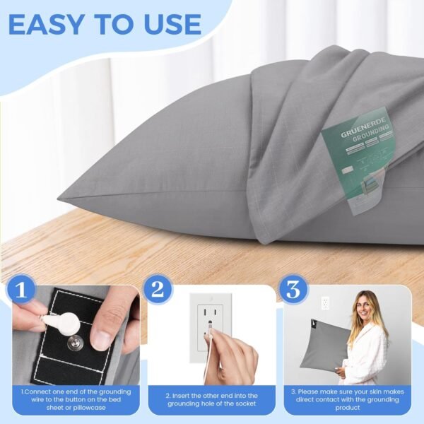 Grounding Pillowcase Queen Conductive Grounding Mat for Bed with 15ft Grounding Cord Organic Cotton Improve Sleep Gray 20x30in - Image 2