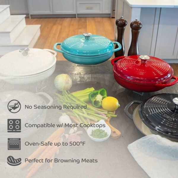 3.6 QT Braiser Enameled Cast Iron Casserole Pan With Cover, Bianco Perla (Off-White) Cast Iron Braiser Pan With Lid, Lasagna Pan Enamel Cast Iron Skillet with Lid Cookware - Image 3