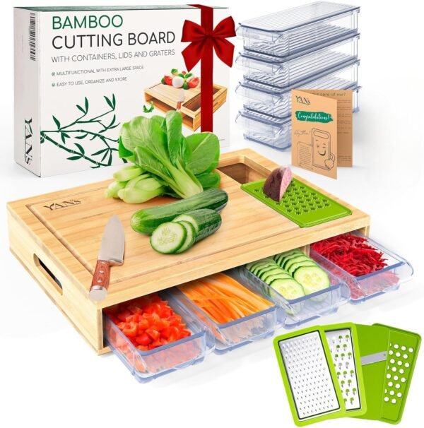 YANs Bamboo Cutting Board with Containers for Easy Meal Prep - Chopping Board Set -Extra Large Space Saving Cutting Board Set with Juice Groove to Keep Your Kitchen Tidy