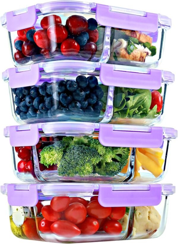 2 & 3 Compartment Glass Meal Prep Containers (4 Pack, 32 oz) - Glass Food Storage Containers with Lids, Glass Bento Box, Portion Control, Airtight, Oven & Freezer safe, Glass Food Container, Lavender