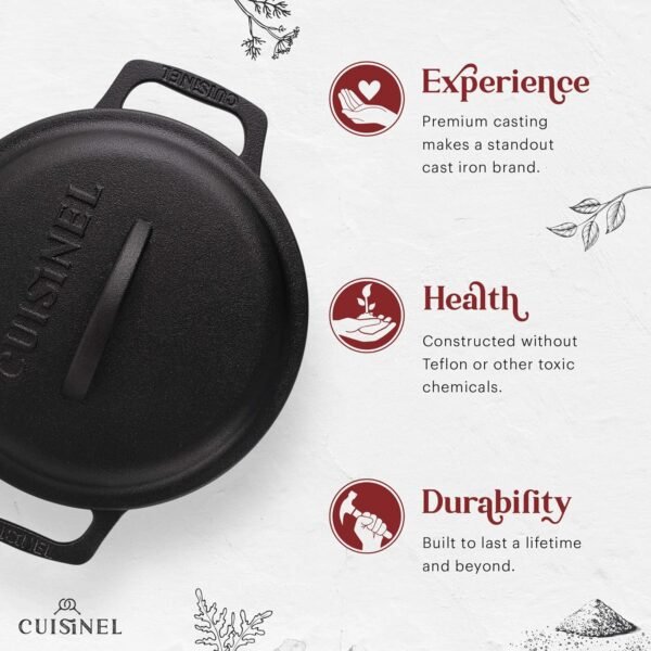 Cuisinel Cast Iron Dutch Oven - 3-Quart Deep Pot + Lid + Pan Scraper + Handle Covers - Large Pre-Seasoned Cooker for Baking Bread, Soup, Frying - Indoor/Outdoor Kitchen, Camping, Fire, BBQ Cookware - Image 3