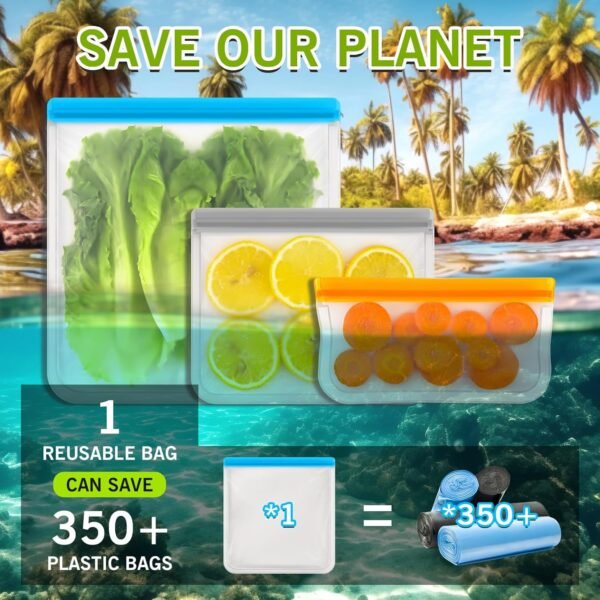 ANZNKU 10 Pack Reusable Food Storage Bags, BPA Free PEVA Reusable Freezer Bags, Dishwasher Safe Silicone Bags, Leak-proof Reusable Lunch Bags for Kitchen(3 Gallon Bags+4 Sandwich Bags+3 Snack Bags) - Image 5