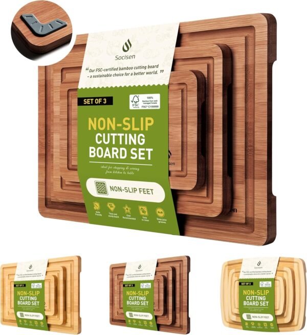 3 Packs Bamboo Cutting Board Set with Non Slip Feet and Over Sink Nice Solid Thick Wood Juice Groove Chopping Board Extra Large Big Small Best Hardwood Kitchen Counter Organic Vegetable Meat BBQ Kit