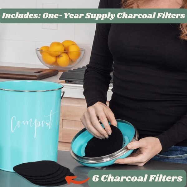 Compost Tumbler, Teal Kitchen Compost Bin Countertop, Indoor Compost Bin Kitchen, Compost Bucket Kitchen, Compost Bins, Compost Caddy, Counter Food Composter for Kitchen, Turquoise Compost Pail - Image 3