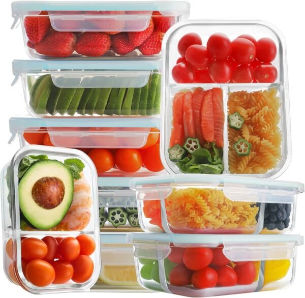 Bayco 9 Pack Glass Meal Prep Containers 3 & 2 & 1 Compartment, Glass Food Storage Containers with Lids, Airtight Glass Lunch Bento Boxes, BPA-Free & Leak Proof (9 lids & 9 Containers)