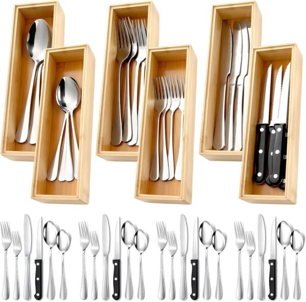 Baderke 6 Pcs Bamboo Drawer Organizer Long Stackable Storage Box Set with 24 Pcs Utensils for 4 People Use Kitchen Silverware Organizer for Outdoor Picnic, Family Party, Kitchen Drawer Storage