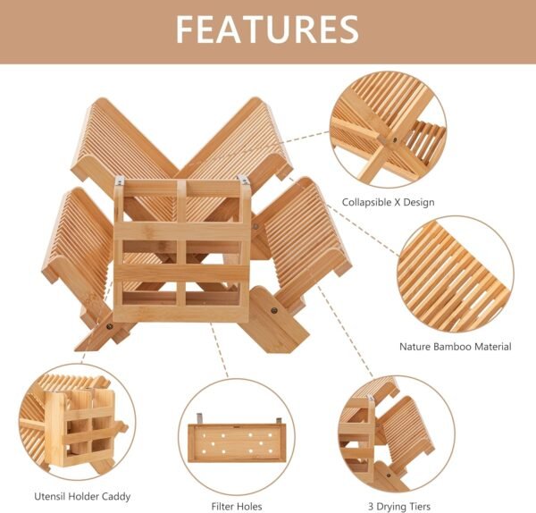 HBlife Bamboo Dish Drying Rack with Utensils Flatware Holder Set, 3-Tier Large Folding Drying Holder for Kitchen Counter, Collapsible Drainer - Image 6