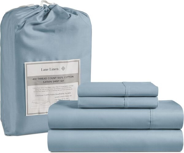 Lane Linen 100% Cotton Sheets Full Size Bed Sheets, 450 Thread Count 100% Cotton Sheets, 4PC Bed Sheets Full Size, Soft & Breathable Full Size Sheets Deep Pocket Set, Hotel Luxury Sheets - French Blue