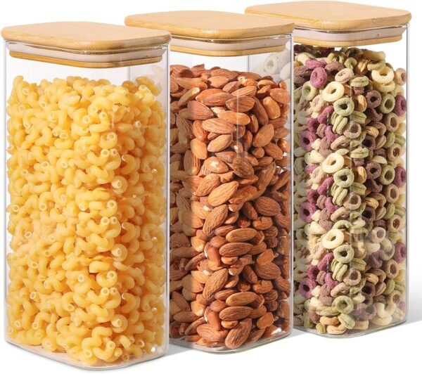 ComSaf 54oz Rectangle Glass Storage Containers with Lids, Glass Jars with Bamboo Lids, Clear Food Storage Jar, Sugar Coffee Containers, Pantry Storage Container for Pasta Rice Flour Oats Nuts Tea