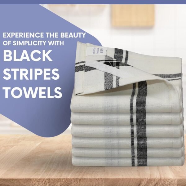 WHITEWRAP Kitchen Towels | Cotton Dish Towels for Drying Dishes| Absorbent Kitchen Dish Towels, Dishcloths| Tea Towels for Embroidery for Easter|15"x25" Stripe Black Towels 6-Pack - Image 2