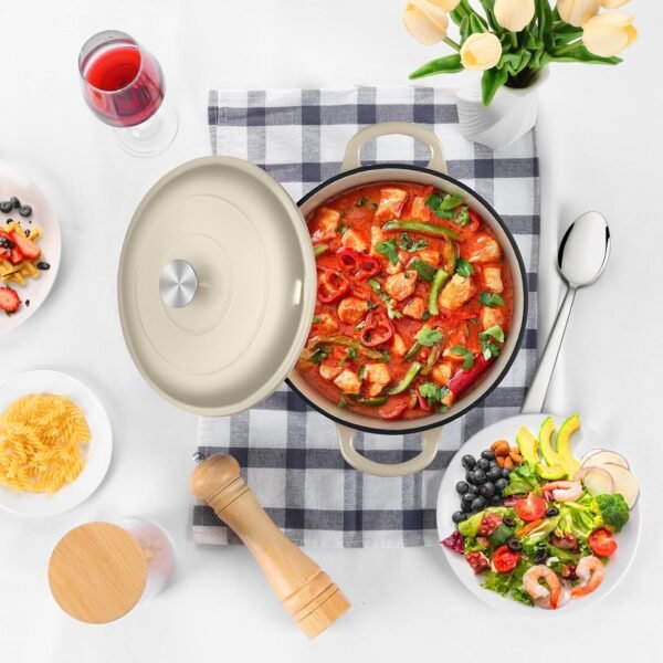 P&P CHEF 5-Quart Enameled Dutch Oven Pot, 5 Qt Cast Iron Dutch Oven with Lid, Enamel Cooking Pot Cookware for Braising, Roasting, Bread Baking, Oven & Stove Safe (Khaki) - Image 6