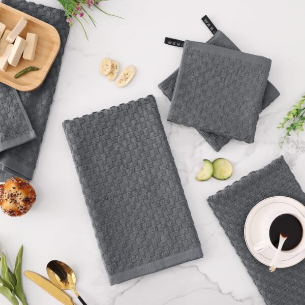 Fintale 100% Cotton Kitchen Towels and Dishcloths Set, 12 x 12 & 15 x 25 Inches, Set of 8 Bulk Super Soft and Absorbent Terry Cloth Dish Towels, Quick Drying Hand Towels with Hanging Loop, Dark Grey - Image 8