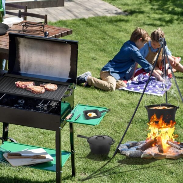 8 Piece Pre-Seasoned Dutch Oven Cooking Set Cast Iron Camping Kitchen Cookware Bakeware Skillets & Square Grill Pan w/Vintage Carrying Wood Box for Ourdoor Home BBQ Baking - Image 9
