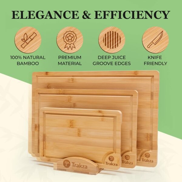 Bamboo Cutting Board Set - Durable Kitchen Cutting Boards For Chopping Fruit, Meat, Cheese, Veggies - Deep Juice Grooves, Side Handles, Easy To Use & Clean - With Storage Holder - 9", 12", 15" - Image 3