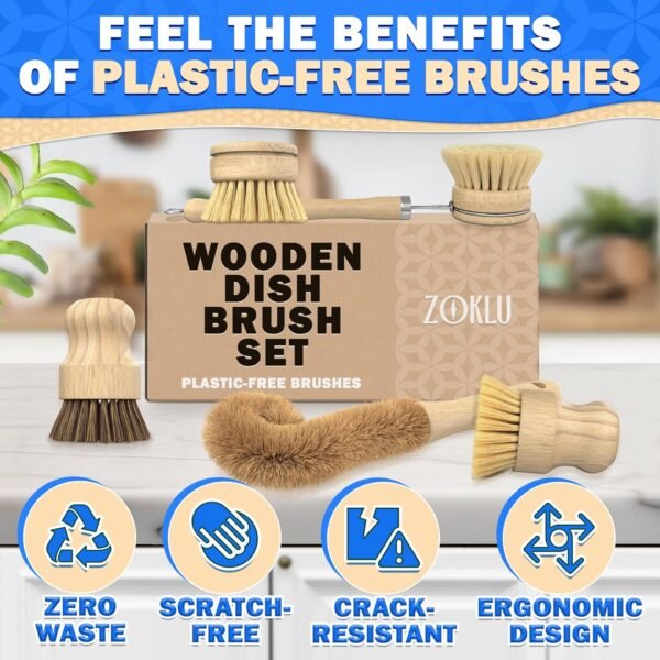 5Pcs Bamboo Dish Brush Set - Wooden Dish Brush Bamboo Scrub Brush for Dishes Wood Dish Brush Bamboo Dish Scrubber Set Palm Brush Wood Dish Scrub Brush - Wooden Dish Scrubber Kitchen Brush Set - Image 5