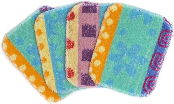 Reusable Dish Scrubber Sponge Set - Non-Scratch Scouring Pads & Scrubbing Cloths Made of Natural Organic Cotton Fibers with Food-Grade Hardener Coating for Kitchen, Bathroom & Household Cleaning (4)