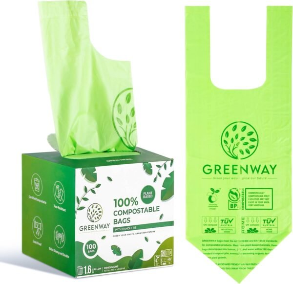GREENWAY 1.6 Gallon Compostable Trash Bags Handle tie, 100 Count, Biodegradable Trash Bags for Countertop Bin, Kitchen, Office, and Outdoor, US BPI & Europe OK Compost Home Certified