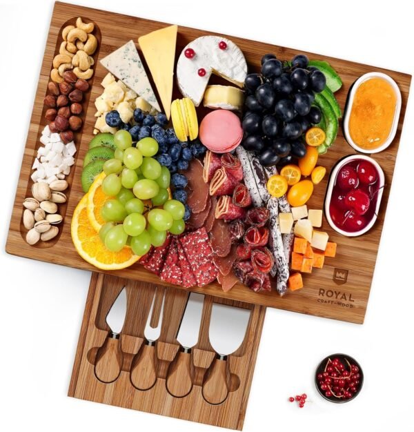ROYAL CRAFT WOOD Bamboo Charcuterie Boards - Cheese Board Set with 2 Sauce Bowls, 4 Knives - Unique Charcuterie Board & Serving Tray - House Warming Gifts New Home Gifts