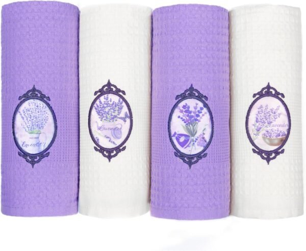 Lavien Home, Decorative Lavender Tea Towels Housewarming Gift, Turkish Cotton Waffle Weave (Set of 4), Dishcloths Multi-Purpose Ultra Soft Absorbent 16 x 24 inches