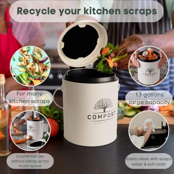 Perfnique Kitchen Compost Bin, 1.3 Gallon Countertop Compost Bin with Lid, Indoor Compost Bucket Includes Inner Bucket Liner and Carbon Filter, Small Compost Bin (Without Bags, Cream) - Image 3