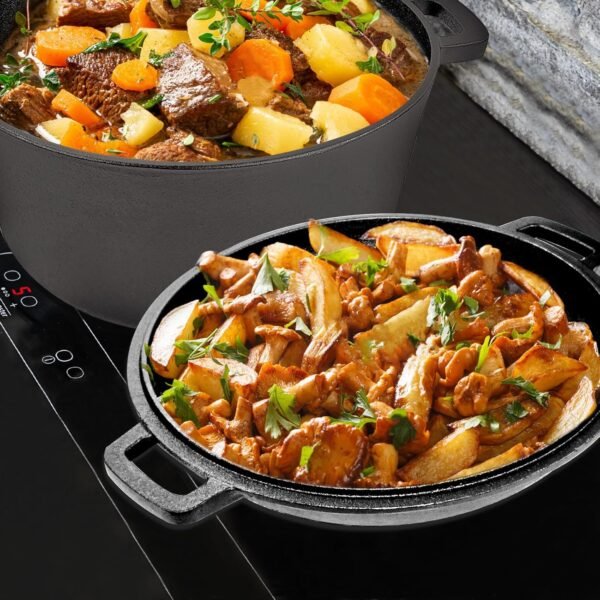 2-in-1 Dutch Oven Cast Iron Dutch Oven pot with Lid,Cast Iron Pots and Pans Set,5.5 Quart Cast Iron Pot,Pre-Seasoned Dutch Oven with Pans Set,All-in-One Cookware Set for camping lodge or RV - Image 9