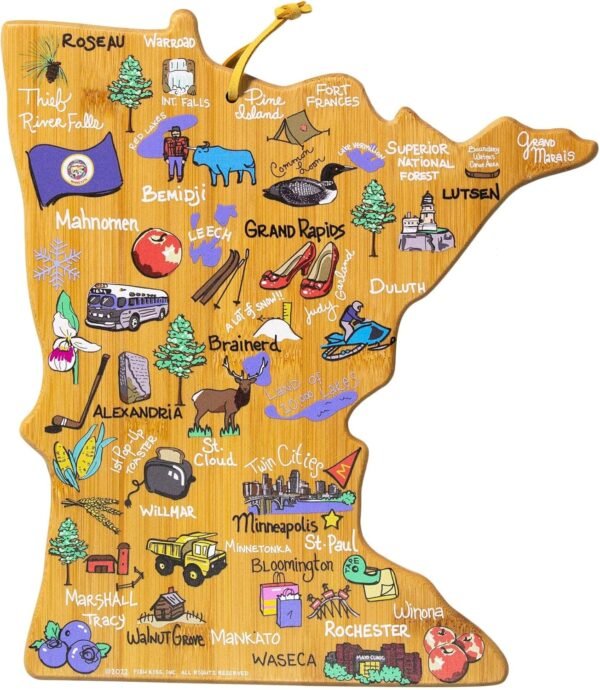 Totally Bamboo Minnesota State Shaped Cutting Board and Charcuterie Serving Platter with Artwork by Fish Kiss, Includes Hang Tie for Wall Display