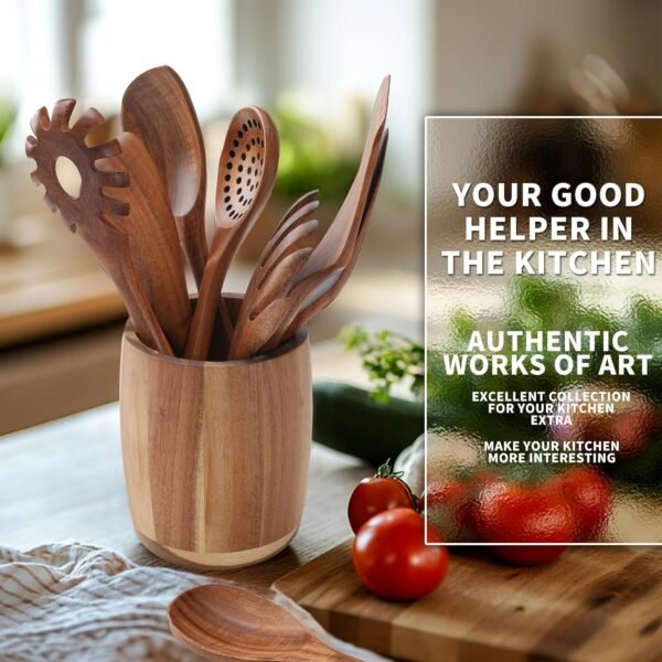 9 PCS Kitchen Utensils Set - Wooden Spoons for Cooking, Natural Teak Wooden Utensils - Includes Wooden Spoons, Spatula Set, Slotted Spoon - Handmade Wooden Spoon Set - Image 4