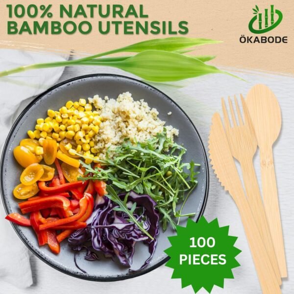 Disposable Bamboo Utensils, 100 Pack | 100% Bamboo Cutlery NOT Wooden Cutlery | Eco-Friendly Compostable Cutlery | 100% Biodegradable Utensils | 50 Bamboo forks, 25 Knives, 25 Spoons - Image 4