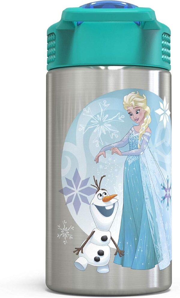 Zak Designs 15.5oz Stainless Steel Kids Water Bottle with Flip-up Straw Spout - BPA Free Durable Design, Frozen Girl SS - Image 4