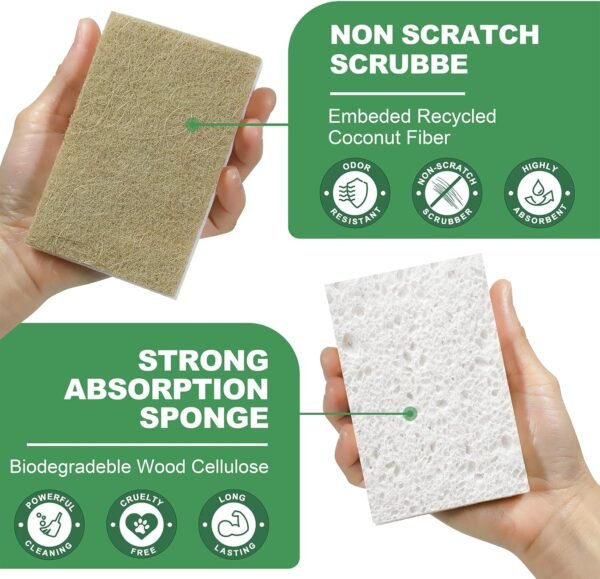 Natural Kitchen Sponges, 12 Pack Non-Scratch Sponges for Dishes, Biodegradable Scruber Sponges Kitchen for Cleaning, Household - Image 4