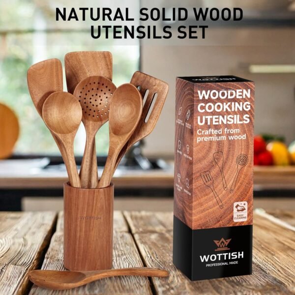 Wooden Spoons for Cooking - 8-Piece Wooden Kitchen Utensil Set made of Natural Solid Wood Material - Includes Spoons, Spatulas, Ladles, Strainer Spoon, Salad Fork, Mixing Spoon and Utensil Holder - Image 3
