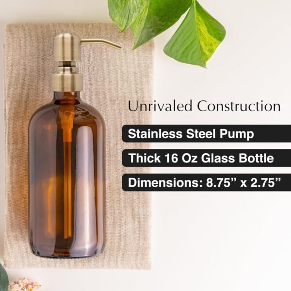 Vine Creations Amber Glass Soap Dispenser, 2 Pack Kitchen Soap Dispenser Set with Stainless Steel Pump, 16 oz Hand Soap Dispenser Bathroom, Dish Soap Dispenser for Kitchen with Waterproof Labels - Image 4
