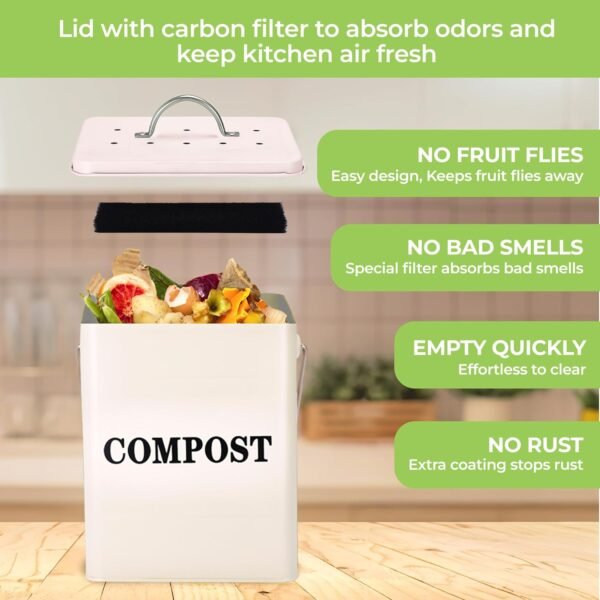Window Garden Kitchen Compost Bin - Metal Pail for Composting Kitchen Scraps - Small Indoor Compost Bucket with Carbon Filter Lid - Food Scrap Container for Countertop - 9.1x7.1x6.3 inches (Off-White) - Image 6