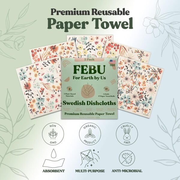 FEBU Swedish Dishcloths for Kitchen | 5 Pack Watercolor Dish Towels | Reusable Paper Towels Washable | Non-Scratch Cellulose Sponge Cloths | No Odor, Biodegradable, Swedish Cloths - Image 7