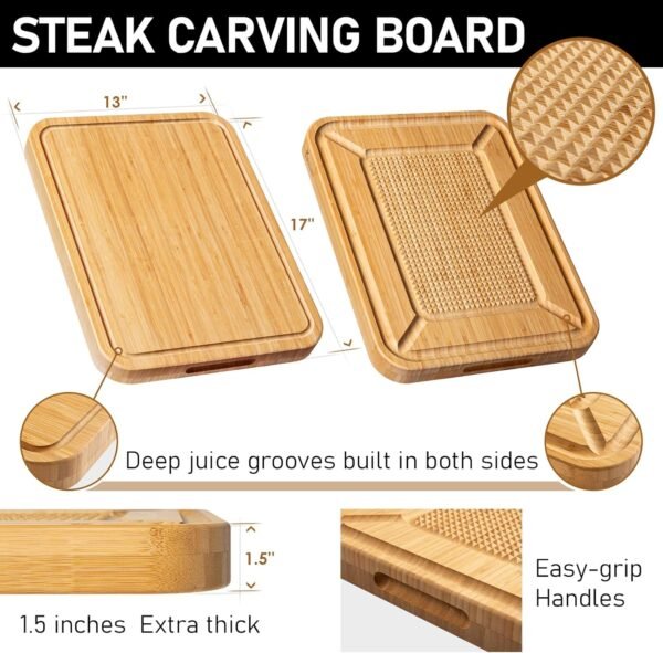 Turkey Carving Board, Heavy Duty Meat Cutting Board for Thanksgiving Bamboo Wood Butcher Block Brisket Cutting Boards with Juice Groove, Pyramid Spikes Stabilizes Steak or Turkey While Carving - Image 3