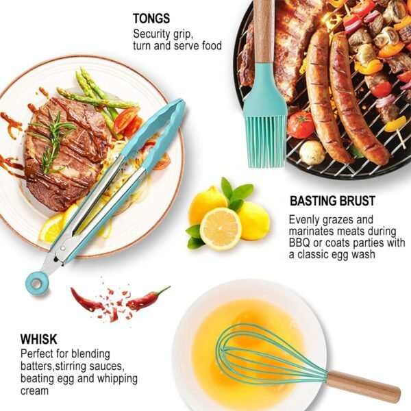 Silicone Kitchen Utensils Set - Heat Resistant Silicon Cooking Utensils, Wooden Handle Kitchen Utensil Set with Holder, Spoon Spatula Turner Tongs Whisk Kitchen Tools for Nonstick Cookware (BPA Free) - Image 4