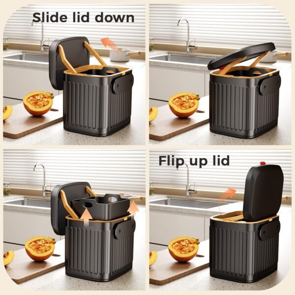 Stainless Hanging Trash Can with Lid, 4L Kitchen Compost Bin for Counter Top, Garbag Can Compost Bin Under Sink or Wall Mount for Kitchen Bathroom RV (Matte Black) - Image 2